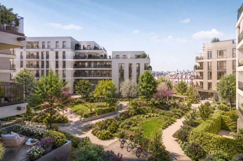 Résidence et jardin — visuel IA non contractuel, ne représentant pas le programme commercialisé