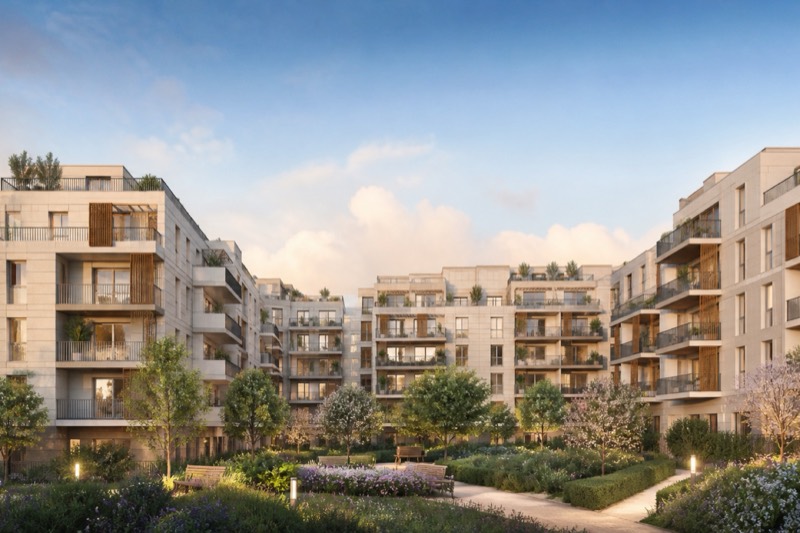 Résidence et jardin — visuel IA non contractuel, ne représentant pas le programme commercialisé