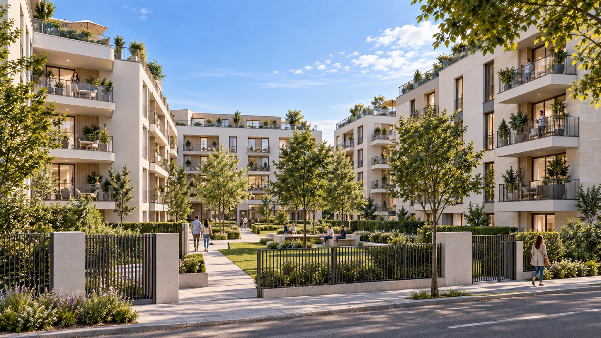 Résidence et jardin — visuel IA non contractuel, ne représentant pas le programme commercialisé