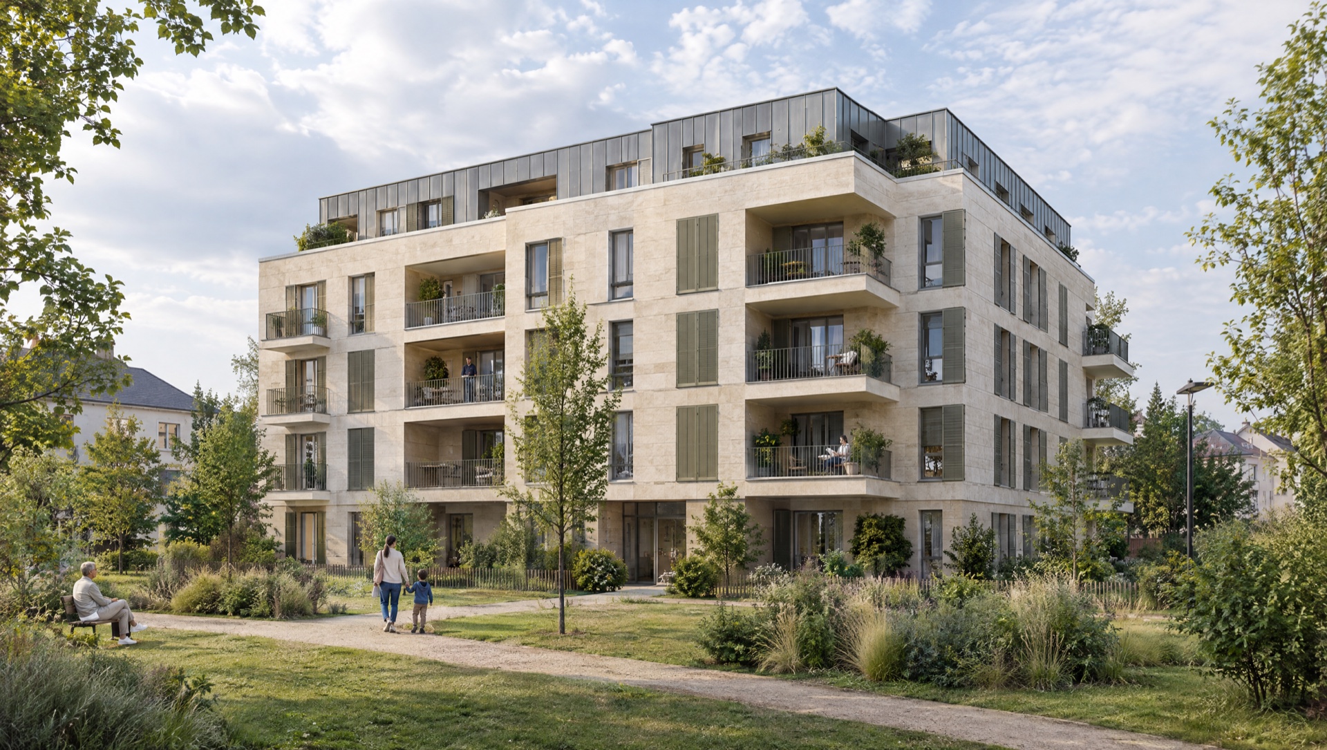 Résidence et jardin — visuel IA non contractuel, ne représentant pas le programme commercialisé