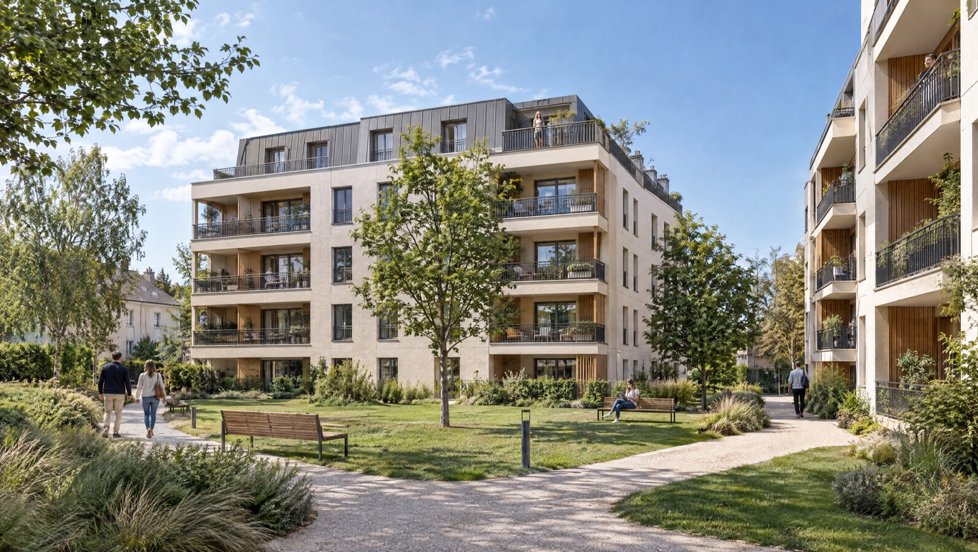Résidence et jardin — visuel IA non contractuel, ne représentant pas le programme commercialisé