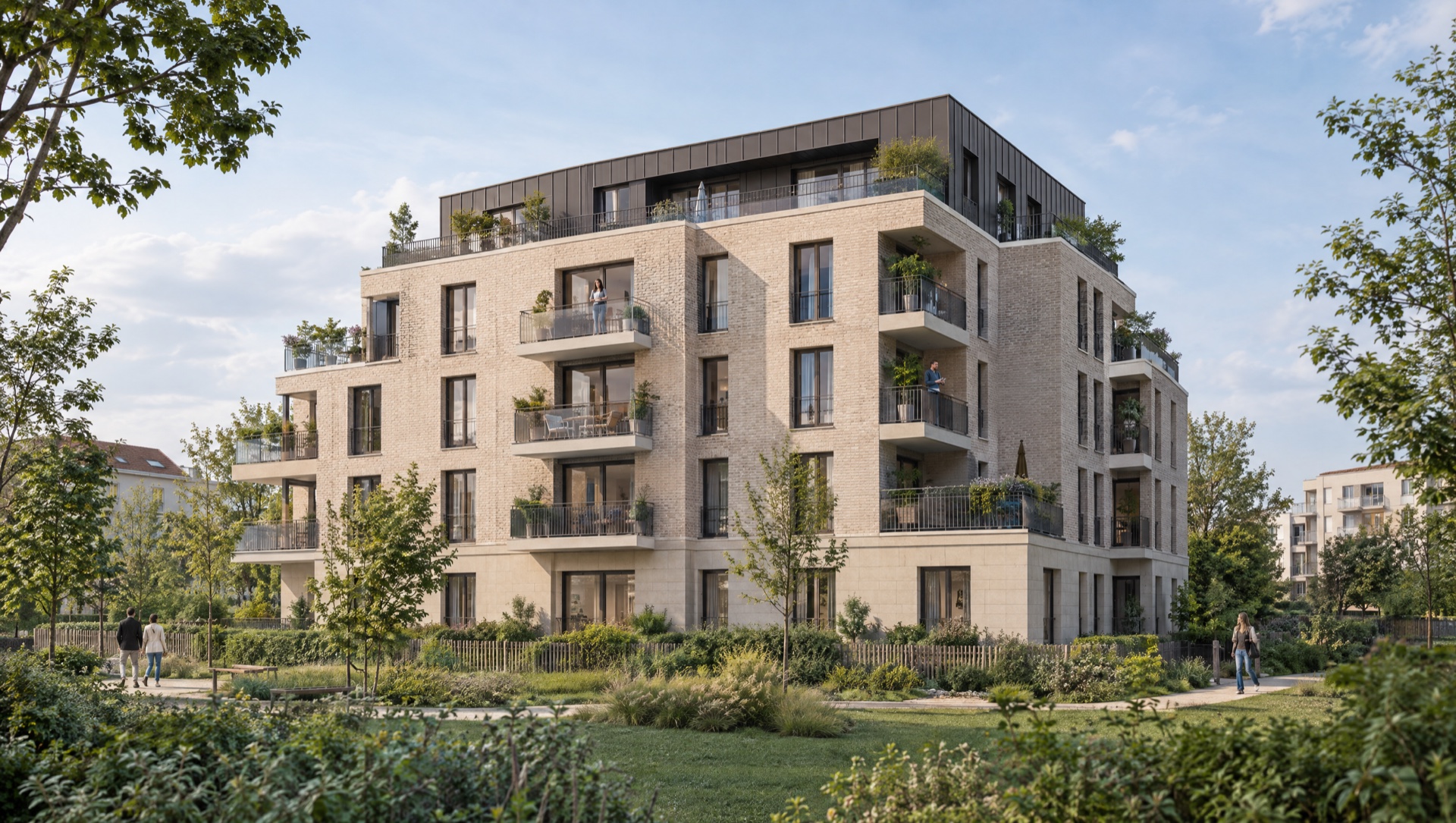 Résidence et jardin — visuel IA non contractuel, ne représentant pas le programme commercialisé
