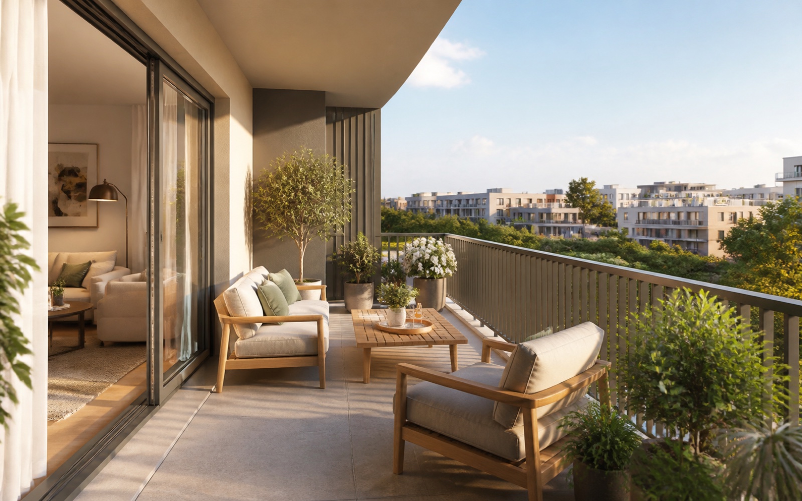 Balcon — visuel IA non contractuel, ne représentant pas le logement commercialisé