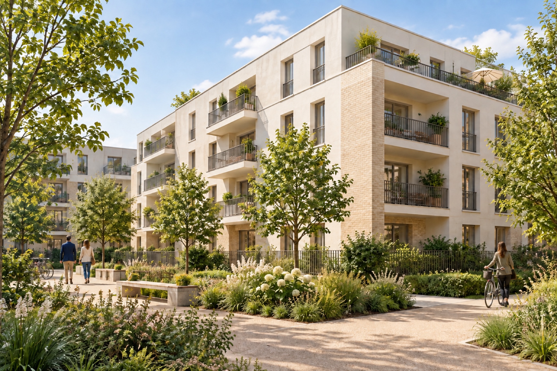 Résidence et jardin — visuel IA non contractuel, ne représentant pas le programme commercialisé