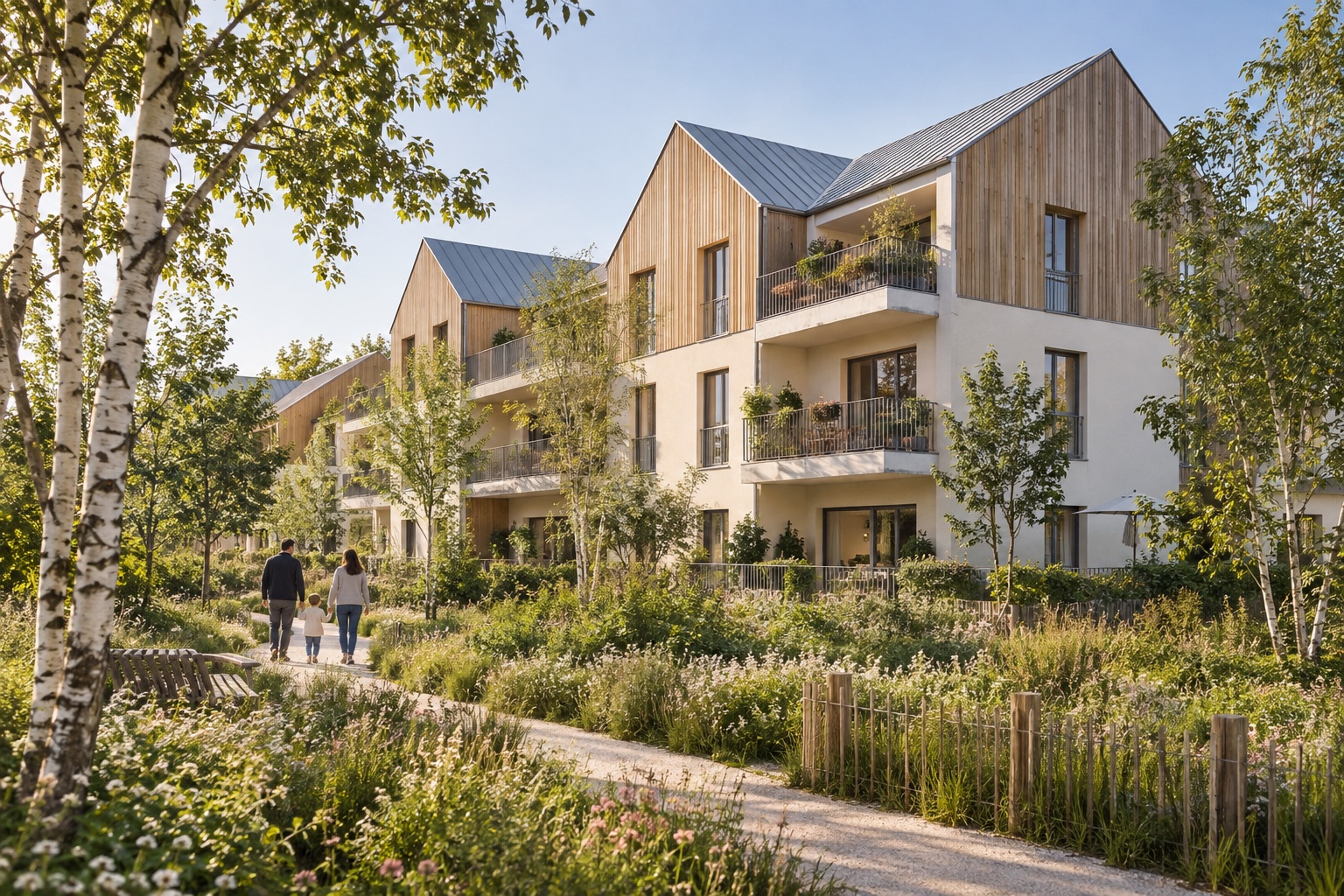 Résidence et jardin — visuel IA non contractuel, ne représentant pas le programme commercialisé