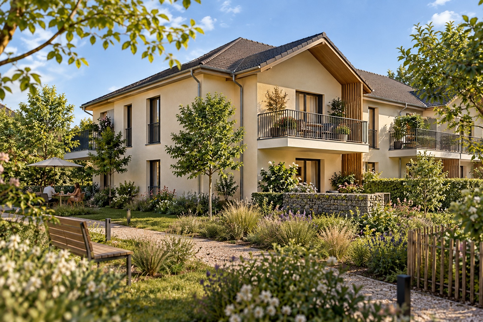 Résidence et jardin — visuel IA non contractuel, ne représentant pas le programme commercialisé