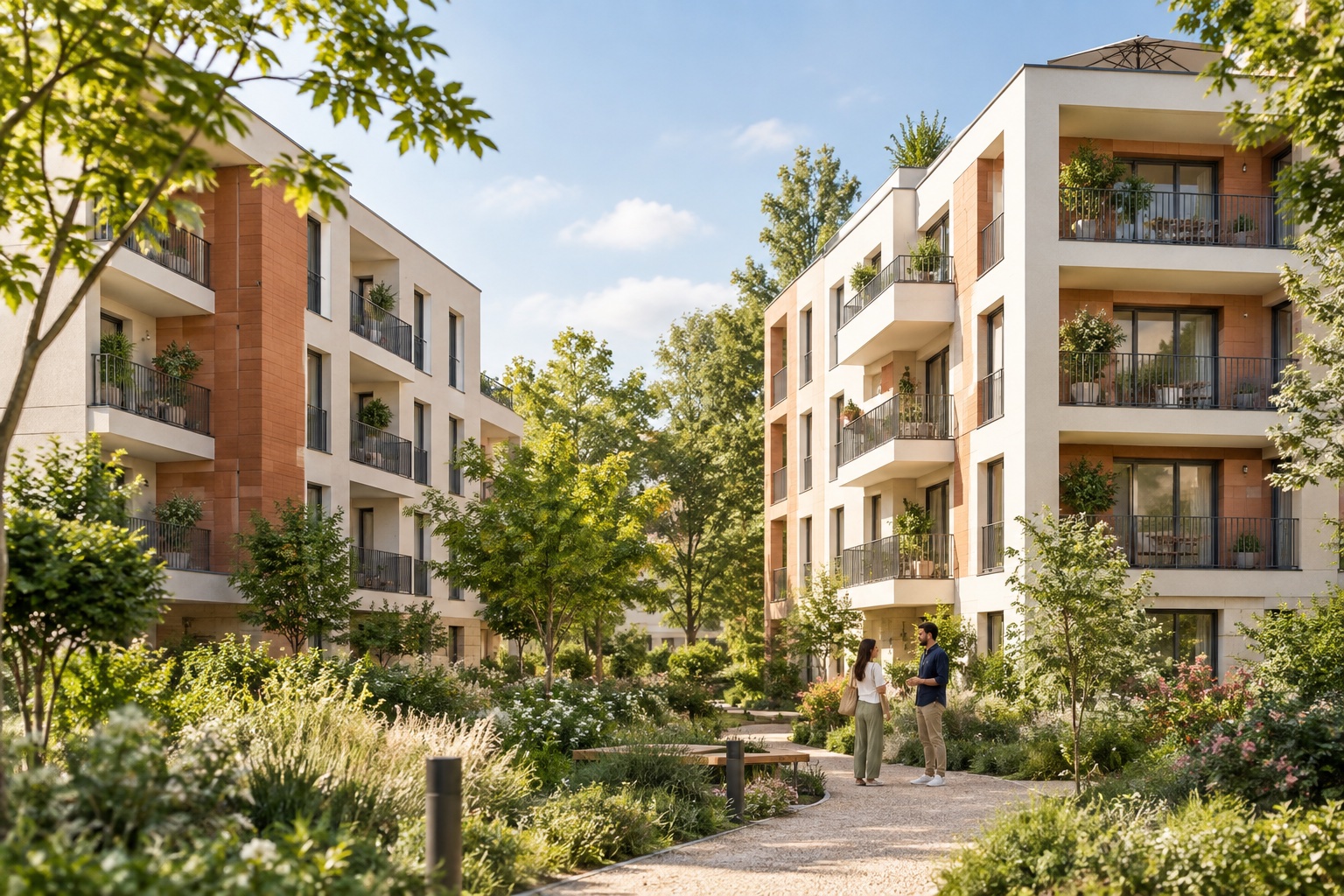 Résidence et jardin — visuel IA non contractuel, ne représentant pas le programme commercialisé