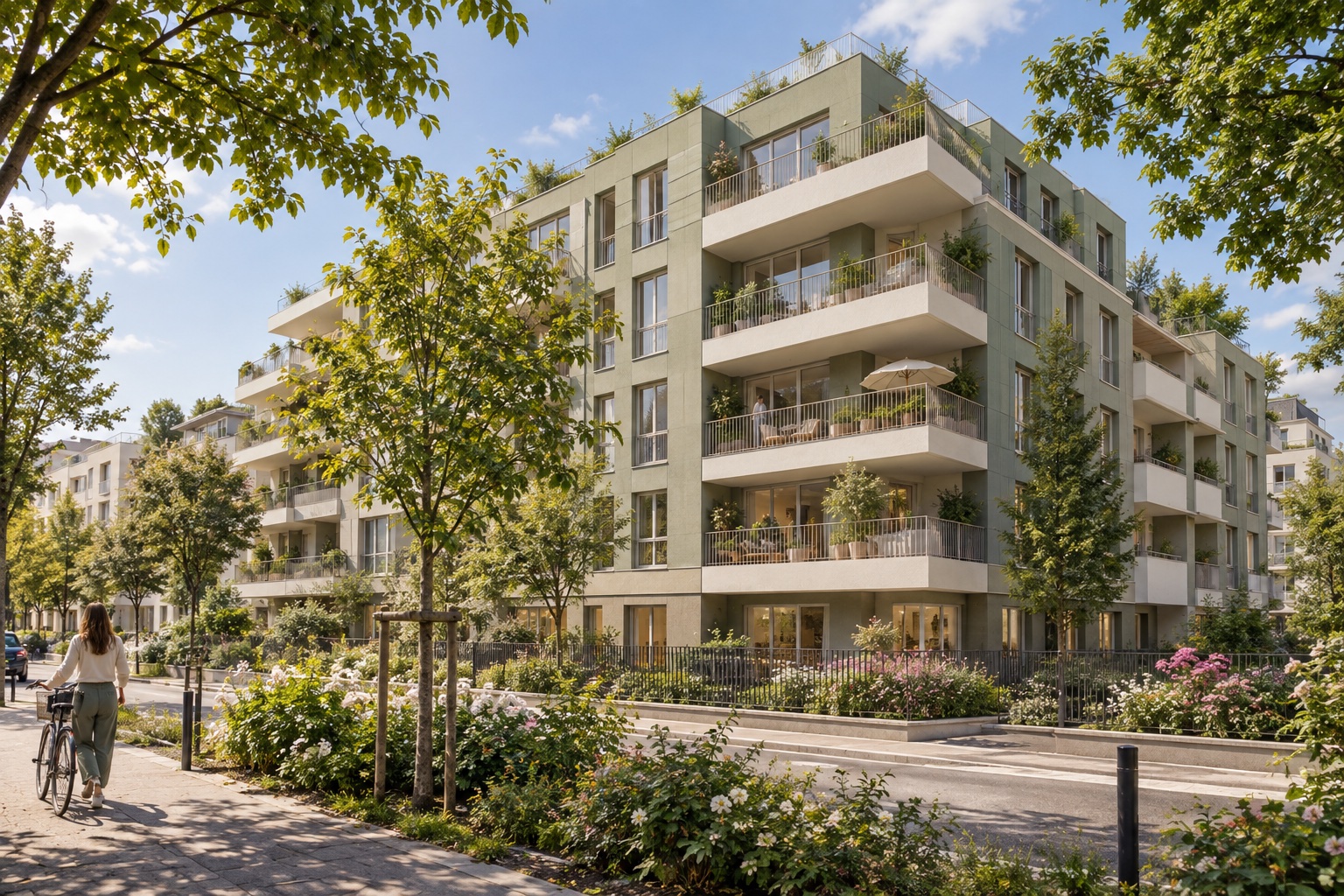Résidence et jardin — visuel IA non contractuel, ne représentant pas le programme commercialisé