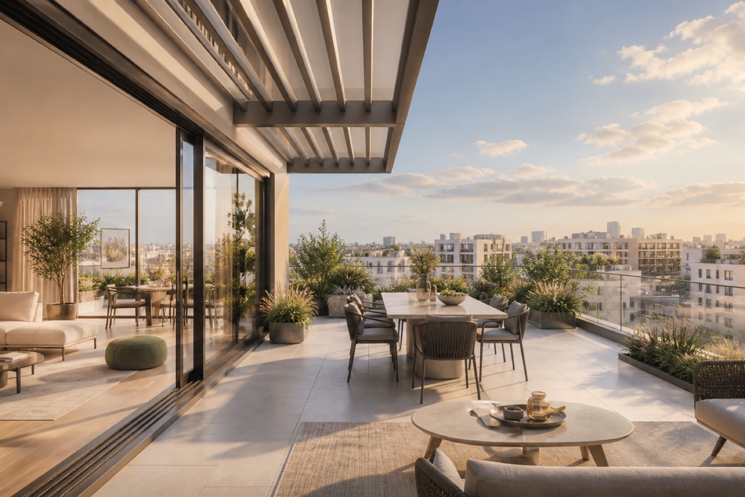 Grande terrasse ouverte sur la ville — illustration IA non contractuelle