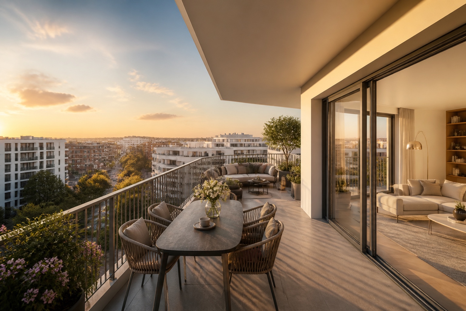 Balcon d’angle avec vue urbaine — illustration IA non contractuelle