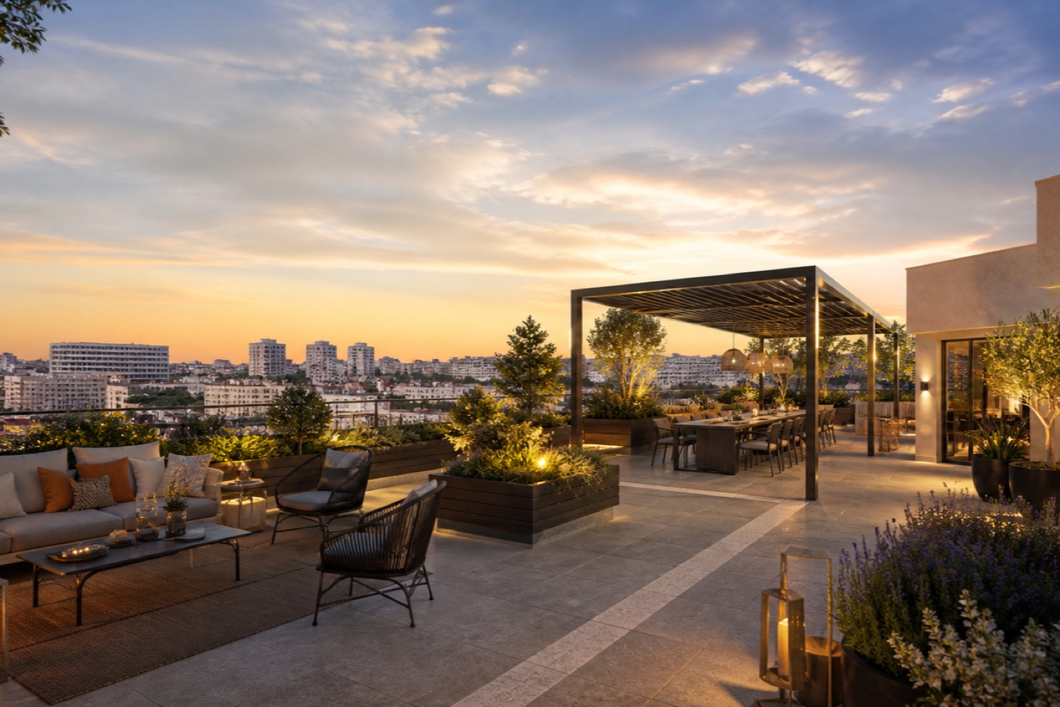 Terrasse panoramique en milieu urbain — illustration IA non contractuelle