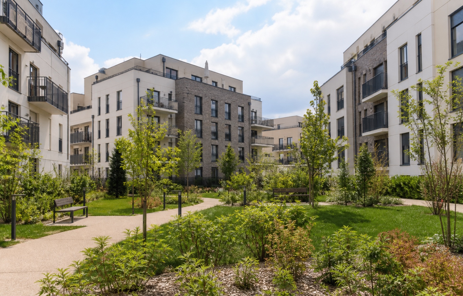 Résidence et jardin — visuel IA non contractuel, ne représentant pas le programme commercialisé